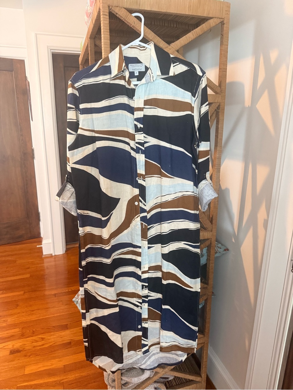 Abstract Stripe Longline Shirt Dress - Navy, Brown & White